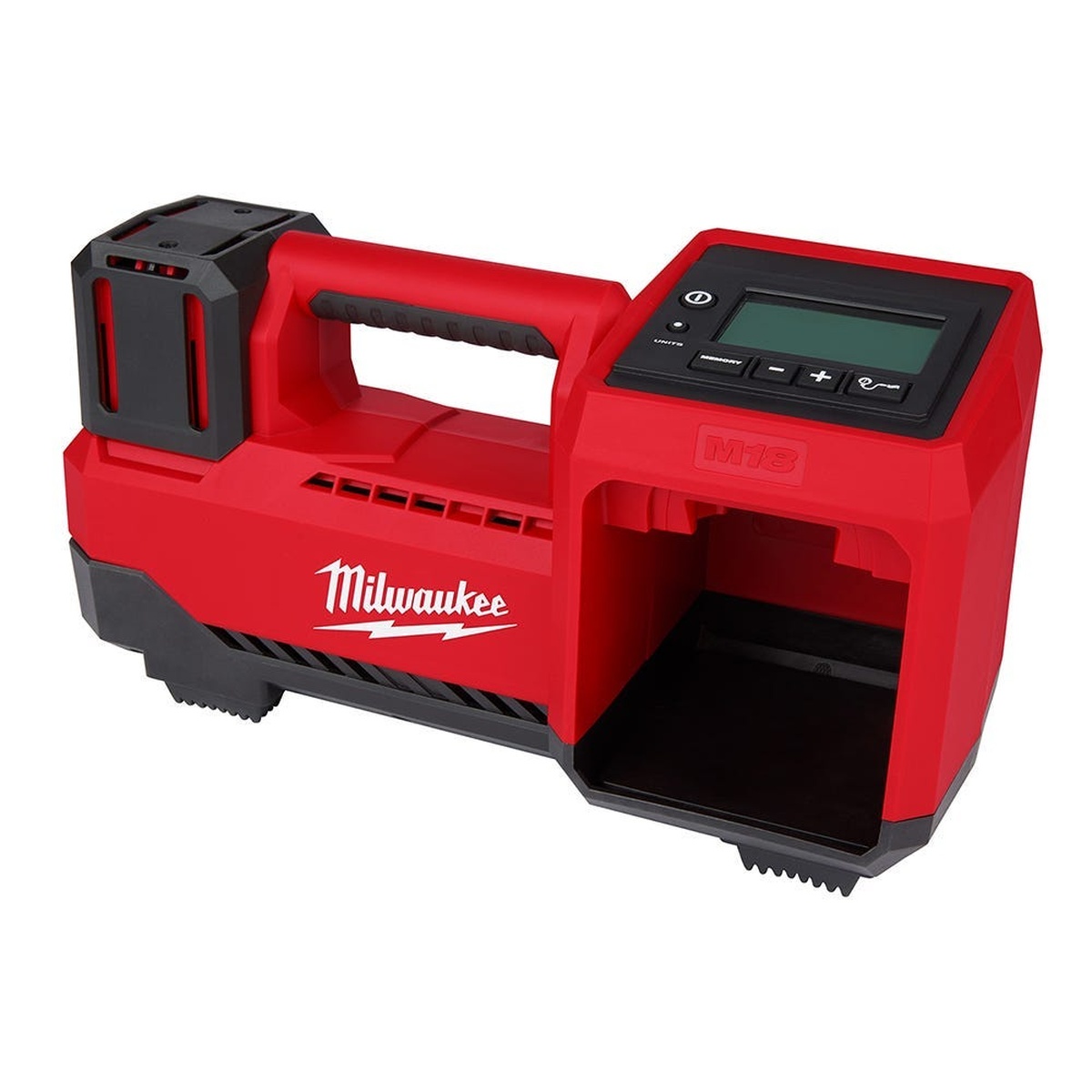 Milwaukee M18 Compact Tire Inflator with 6.0Ah Battery 2-Pack and M18 Dual Bay Simultaneous Rapid Charger inflator unit shown close up on a clean background, highlighting the digital control panel used to set tire pressure for passenger and light truck tire inflation