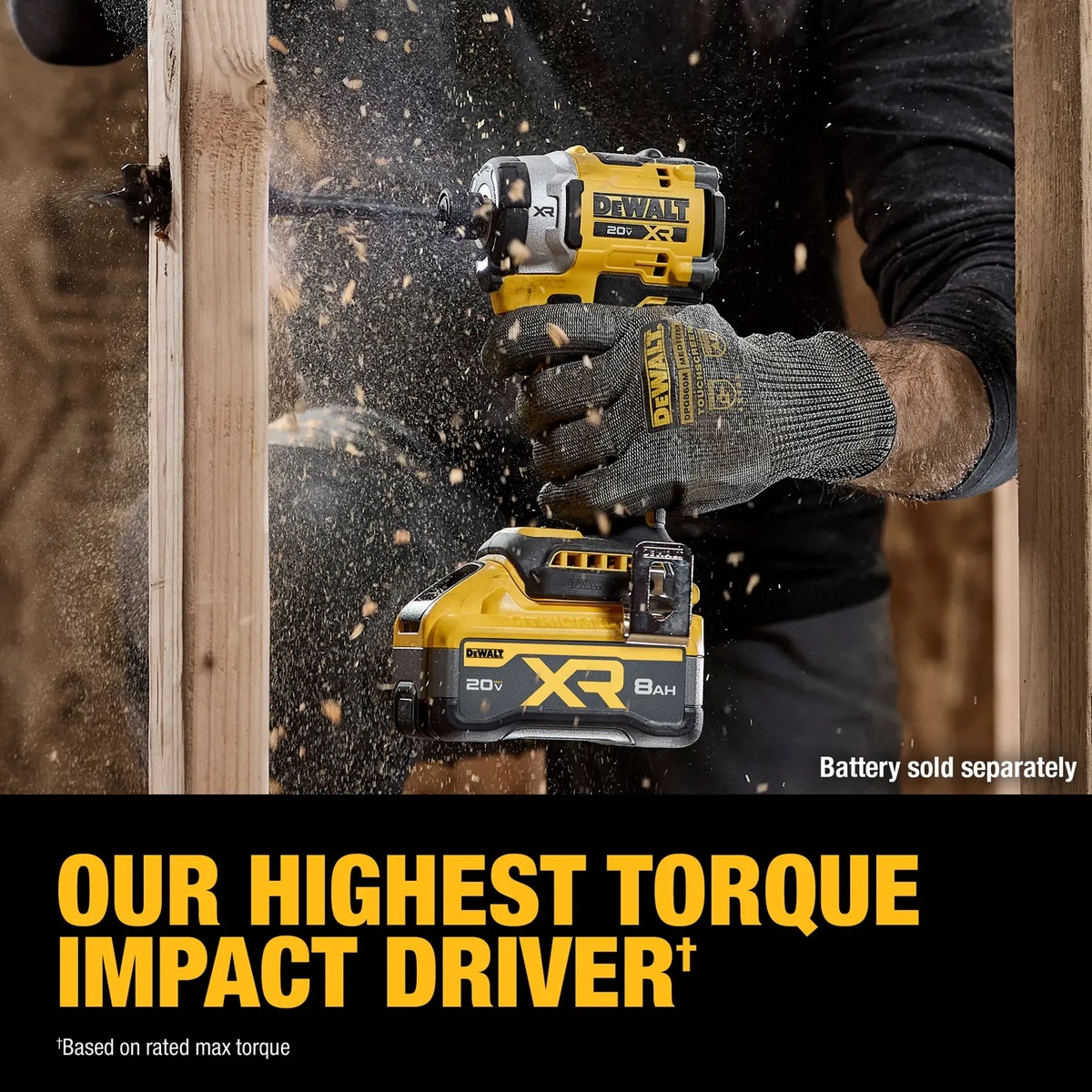 DEWALT 20V MAX XR Brushless Cordless 3-Speed High Torque 1/4-in. Impact Driver driving a large fastener through framing lumber on a jobsite