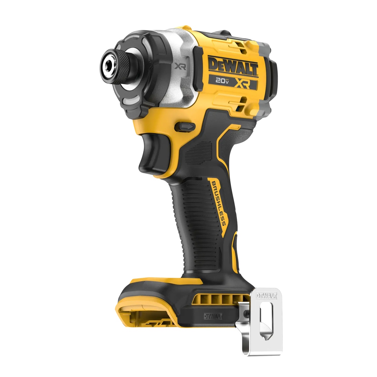 DEWALT 20V MAX XR Brushless Cordless 3-Speed High Torque 1/4-in. Impact Driver clean side profile showing quick-connect hex chuck and belt hook