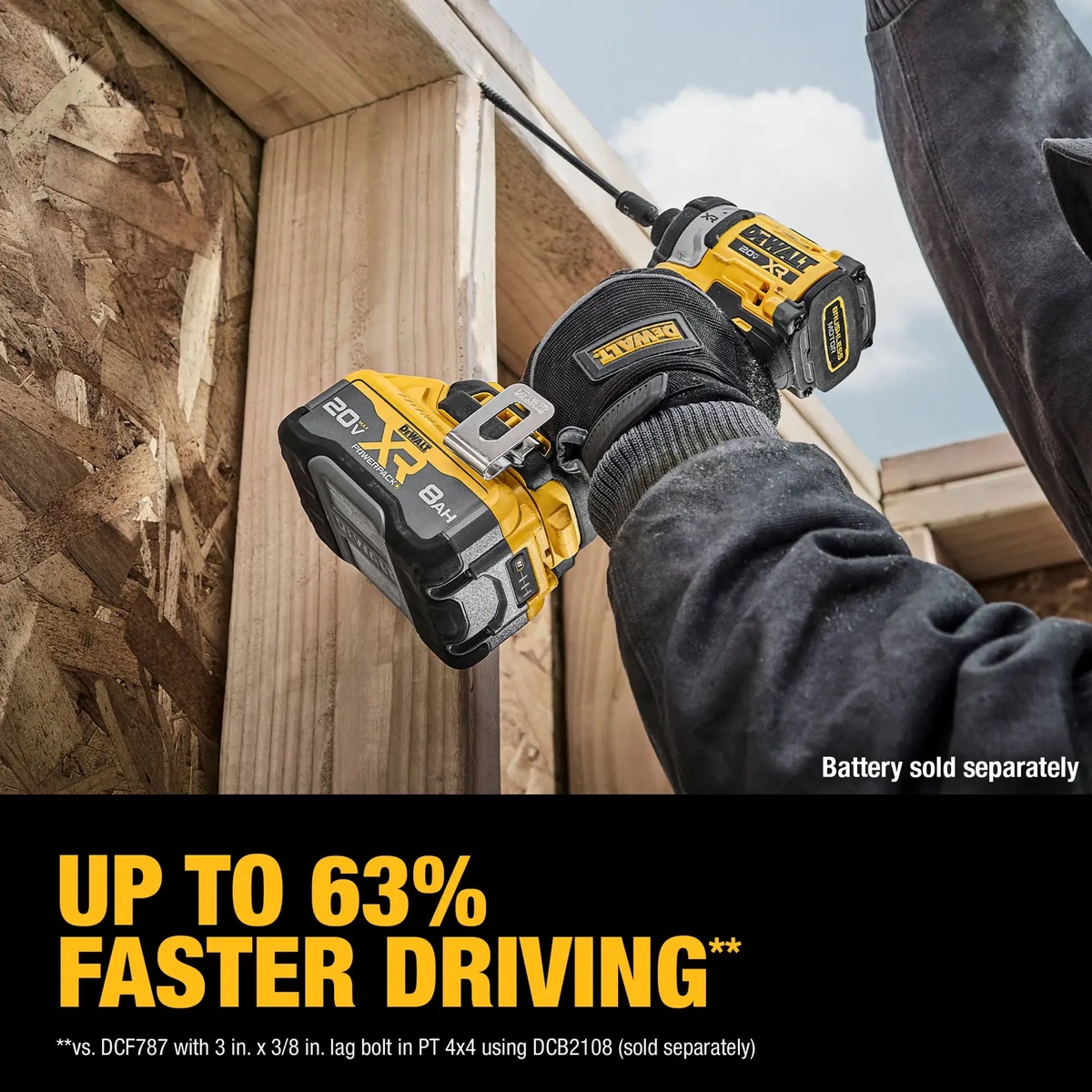 DEWALT 20V MAX XR Brushless Cordless 3-Speed High Torque 1/4-in. Impact Driver fastening overhead into wood framing during construction