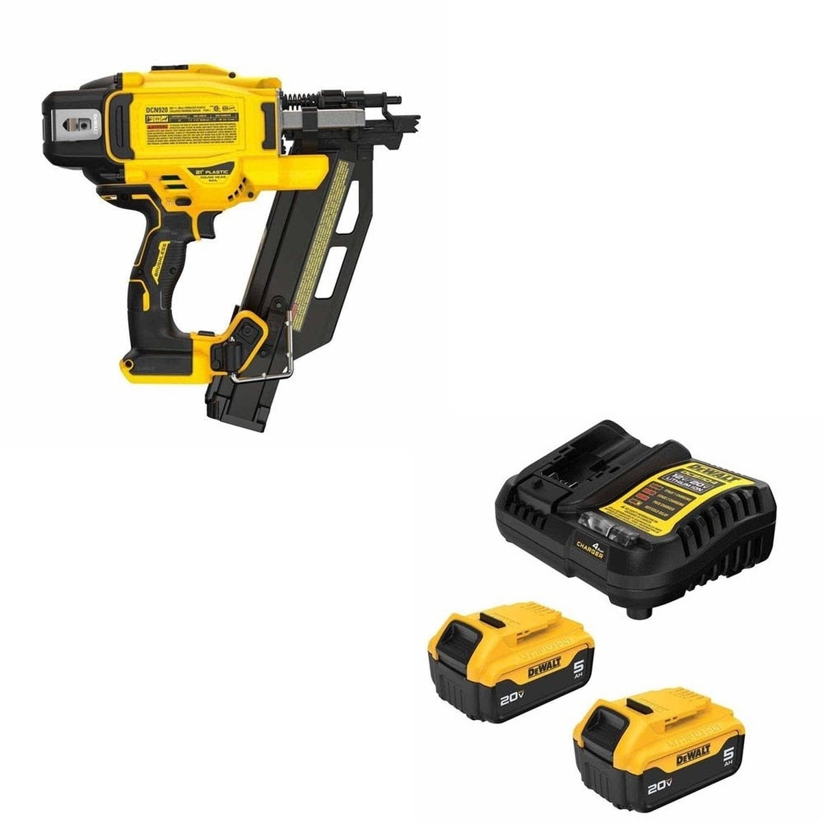 DeWalt DCN920B Framing Nailer Kit W/ FREE DCB205-2C Battery Kit shown with cordless framing nailer, charger, and two 20V 5Ah batteries on a clean background for jobsite framing use