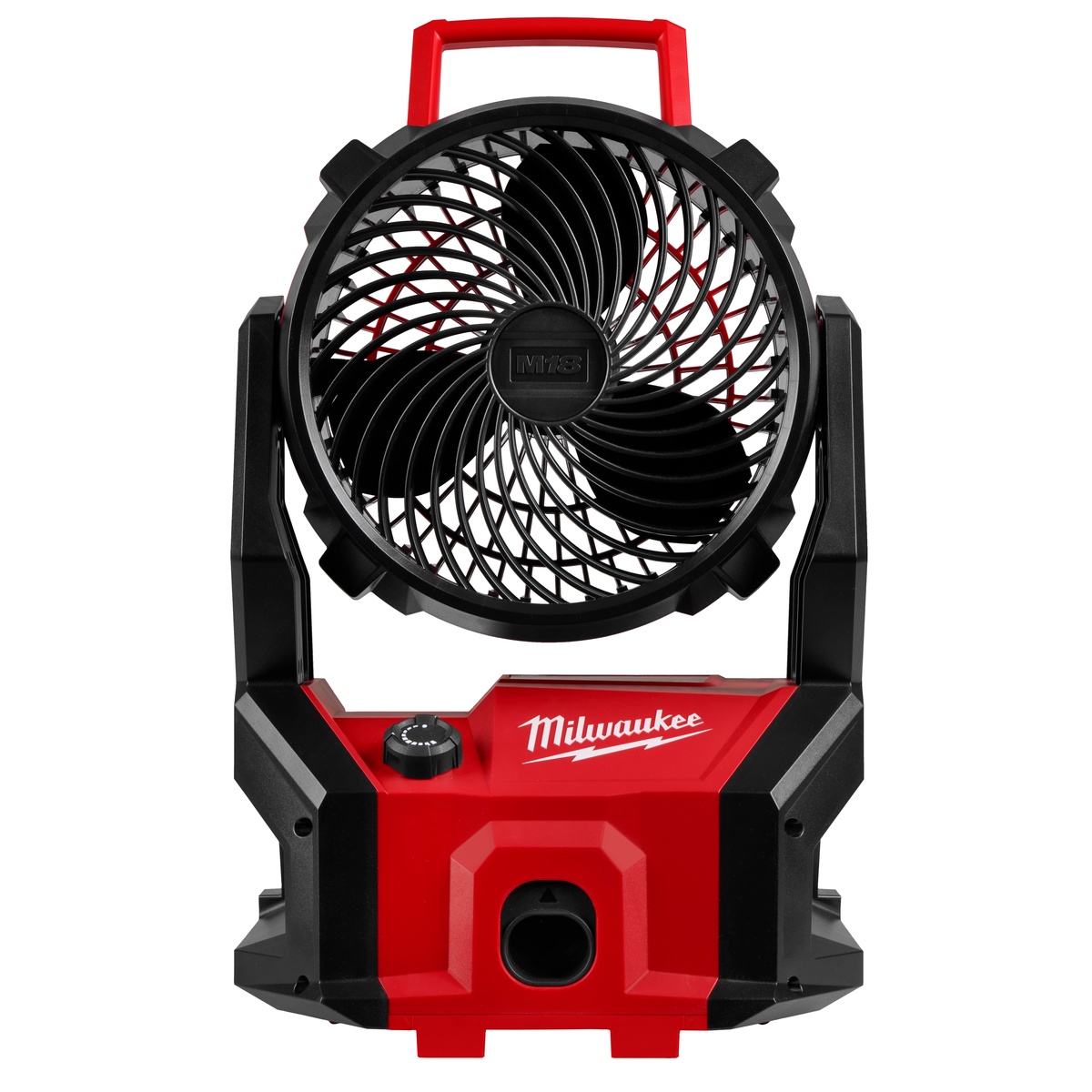 Milwaukee M18 Brushless PACKOUT Fan front view showing the jobsite fan design with adjustable head and integrated controls