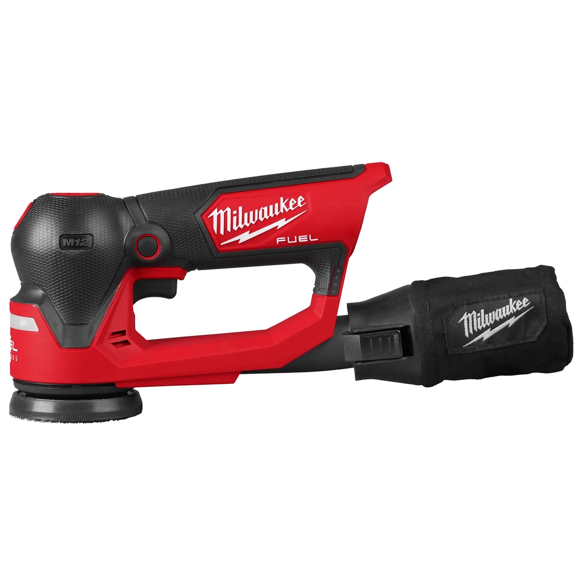 Milwaukee 2535-20 M12 FUEL 3 inch Random Orbital Detail Sander with dust bag attached, shown as a compact cordless sanding setup for trim work, cabinet touch-ups, and detail sanding on the jobsite