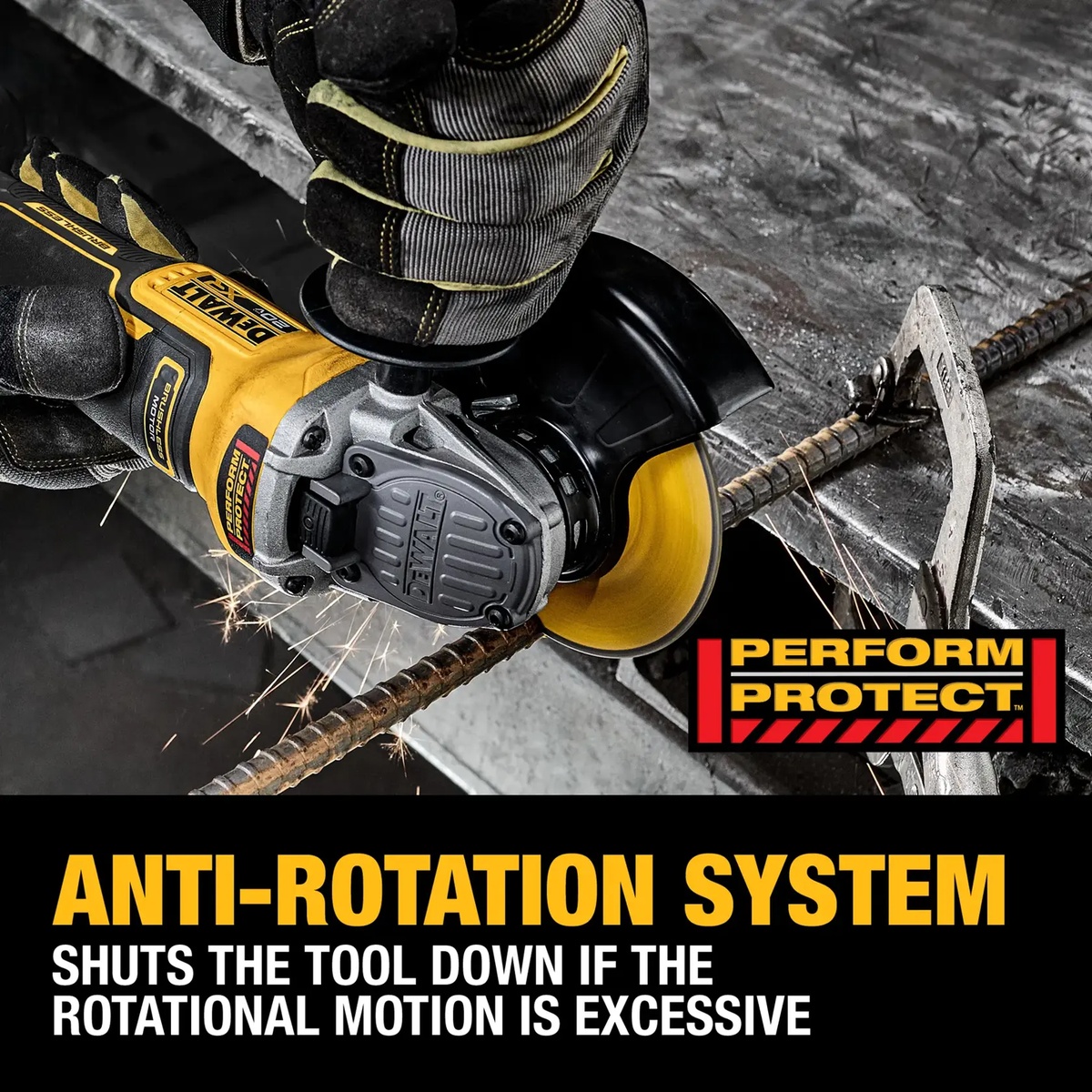 DEWALT DCG410B 20V MAX XR Brushless Cordless 4-1/2-In. - 5-In. Angle Grinder cutting rebar on concrete with guard installed