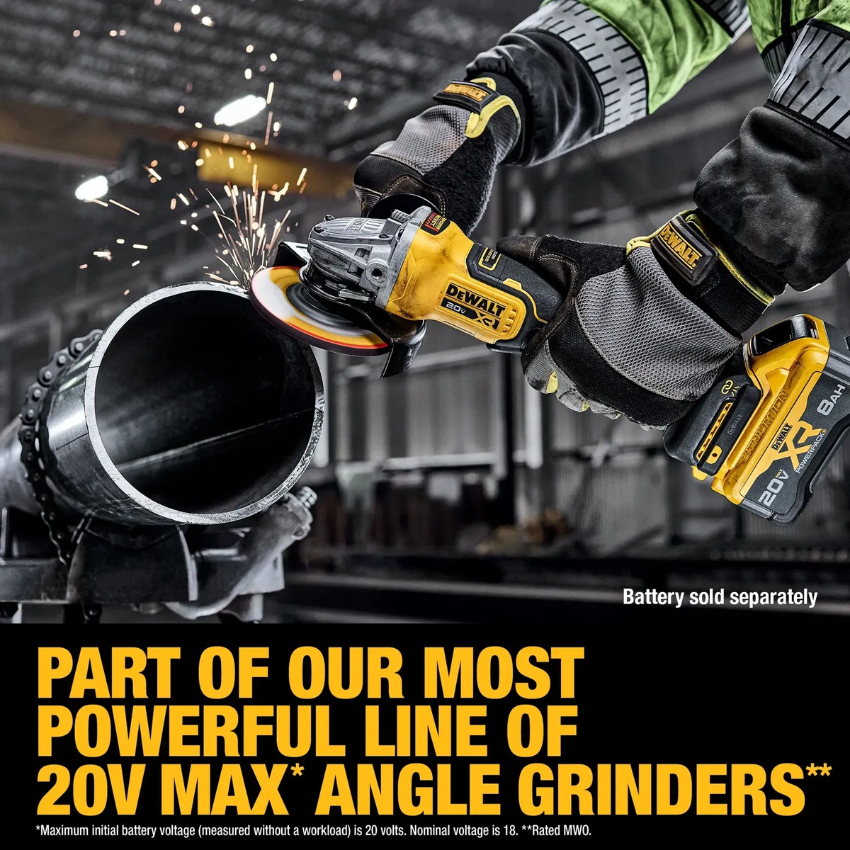 DEWALT DCG410B 20V MAX XR Brushless Cordless 4-1/2-In. - 5-In. Angle Grinder cutting steel pipe on a jobsite with sparks flying