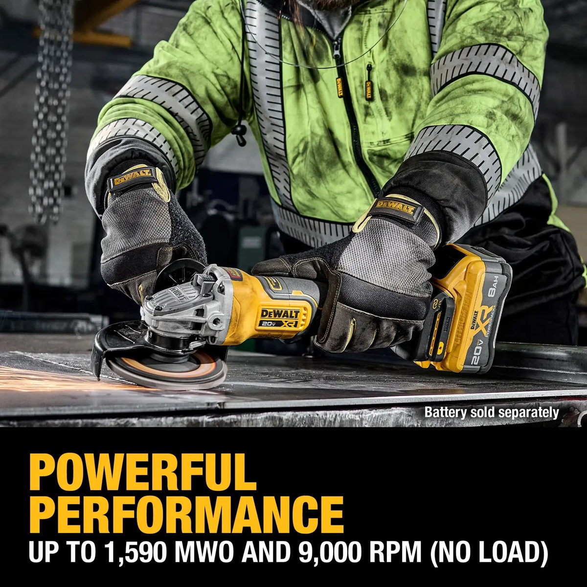 DEWALT DCG410B 20V MAX XR Brushless Cordless 4-1/2-In. - 5-In. Angle Grinder grinding metal plate in a fabrication setting