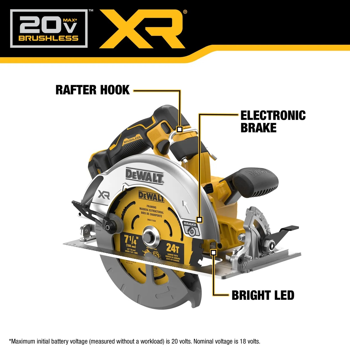 DEWALT DCS590B circular saw feature image showing the rafter hook, electronic brake, and LED work light on the tool