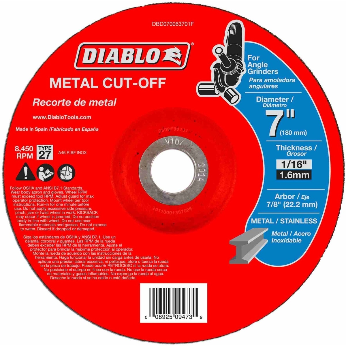 Diablo DBD070063701F 7-inch metal cut-off disc on white background showing Type 27 depressed center, 7/8-inch arbor, and aluminum oxide abrasive surface