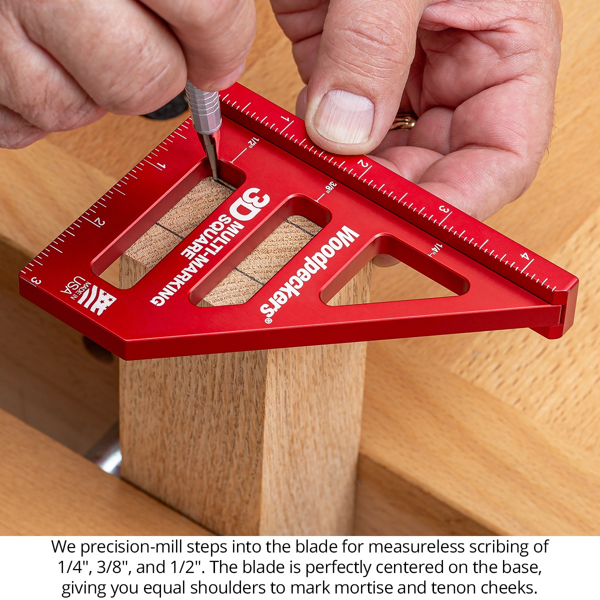 Woodpeckers 3D Multi-Marking Square scribing a line on a wood post for joinery layout in a woodworking shop