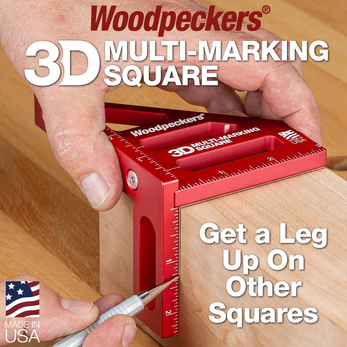 Woodpeckers 3D Multi-Marking Square marking the edge of a hardwood workpiece at a woodworking bench for accurate layout
