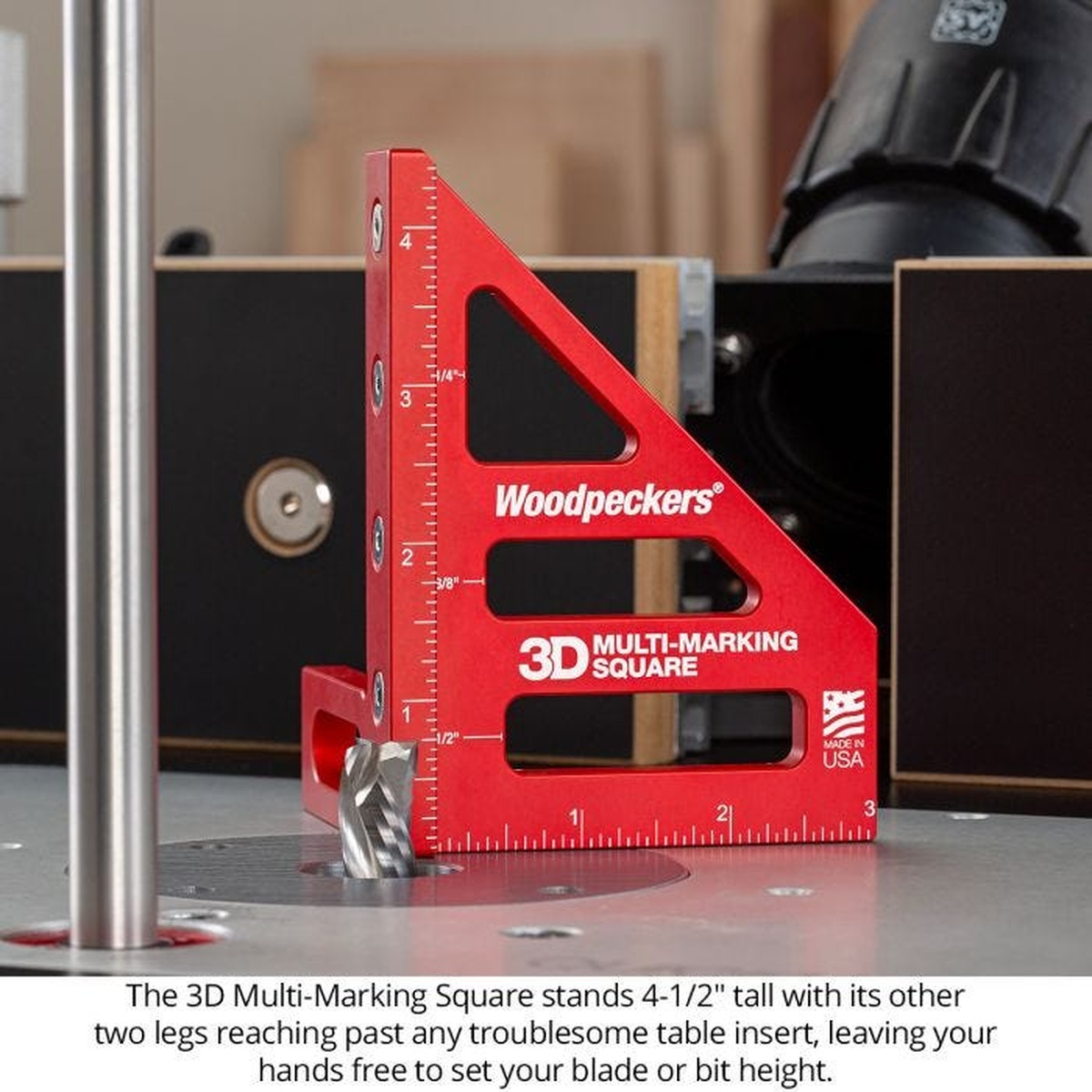 Woodpeckers 3D Multi-Marking Square Metric standing next to a router bit on a router table for blade or bit height setup