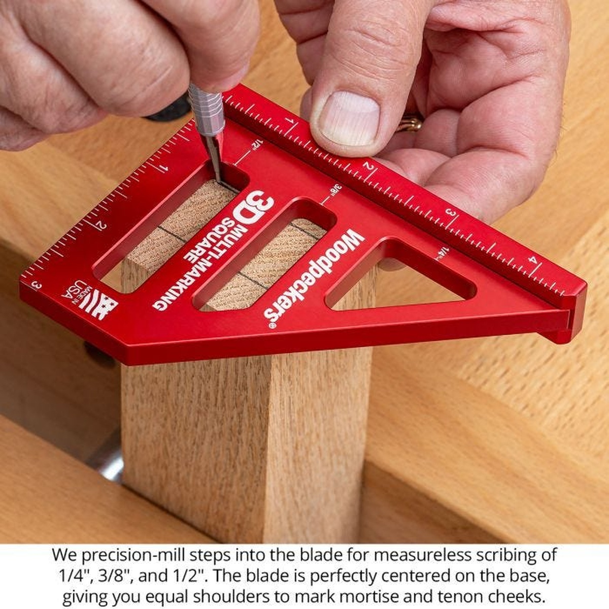 Woodpeckers 3D Multi-Marking Square Metric scribing a layout line on hardwood stock for woodworking joinery at the bench