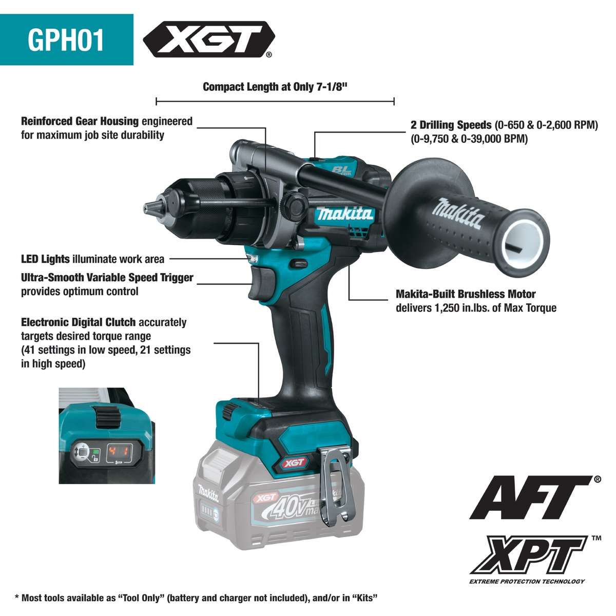 Makita GT500M 40V max XGT Brushless Cordless 5-Pc. Combo Kit (4.0Ah) hammer driver-drill shown in a product detail view highlighting drilling and fastening capability for wood, masonry, and construction work