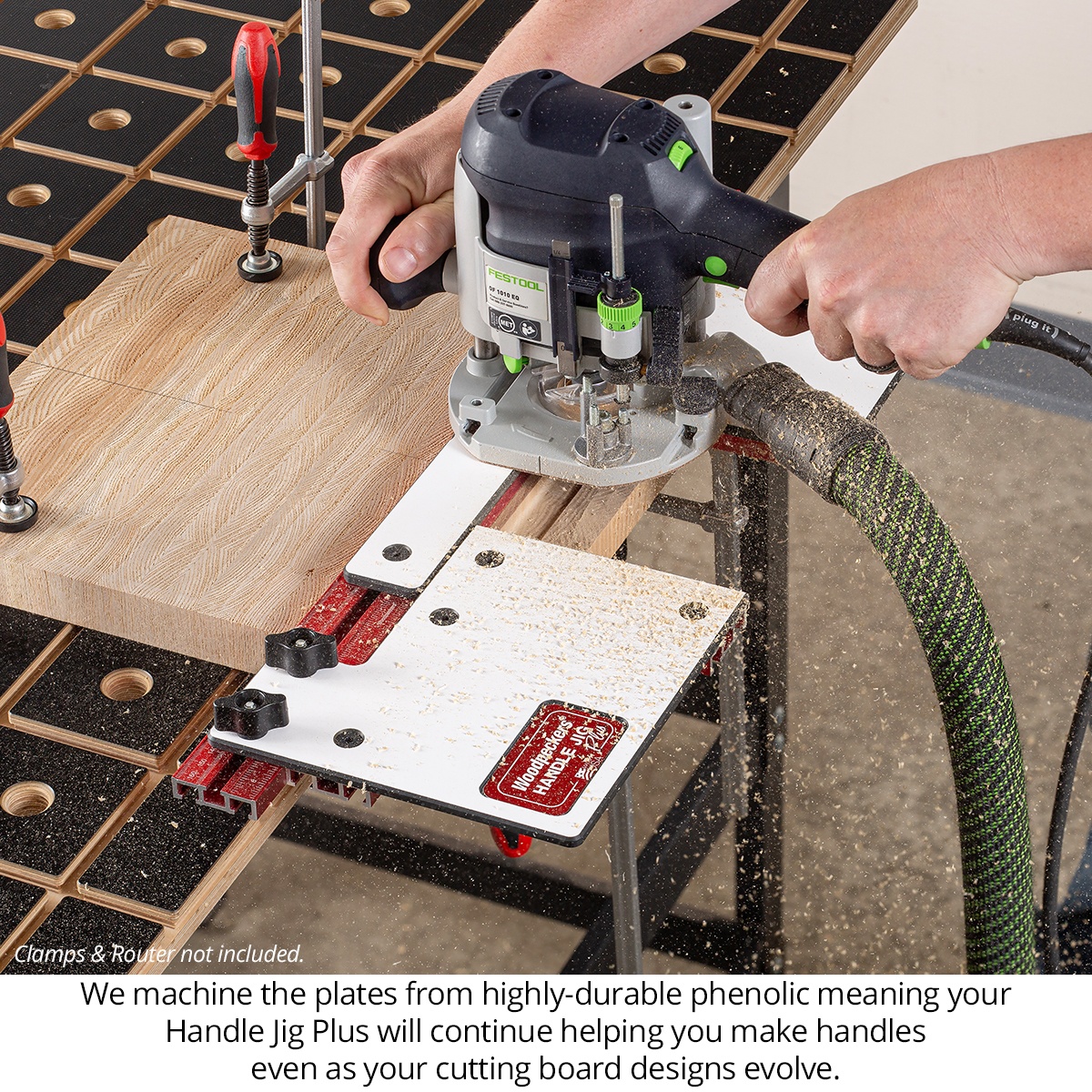 Woodpeckers Handle Jig Plus guiding a plunge router while cutting a handle slot into a wood cutting board on a workbench