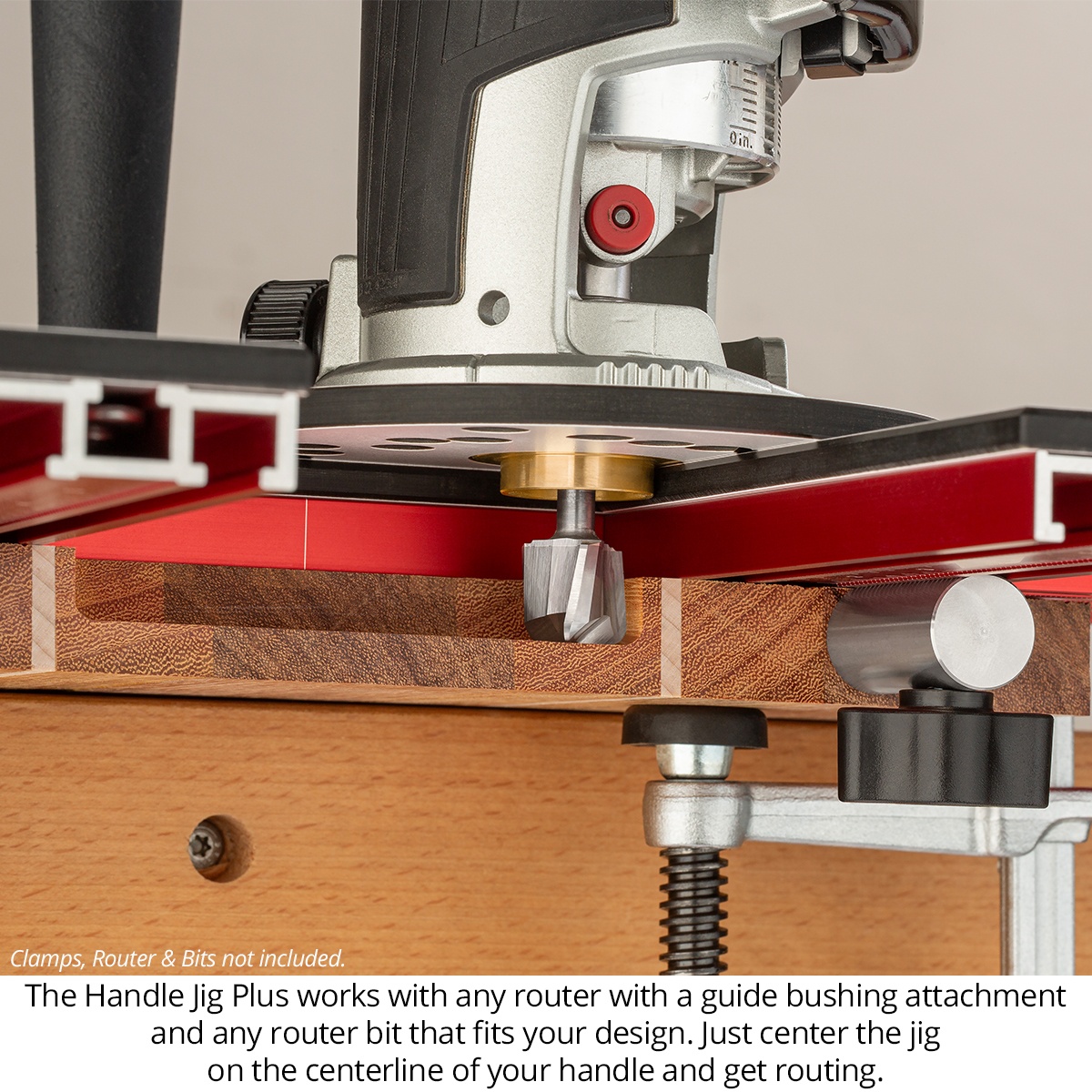 Woodpeckers Handle Jig Plus with a router guide bushing and router bit positioned over a laminated wood board during handle routing setup