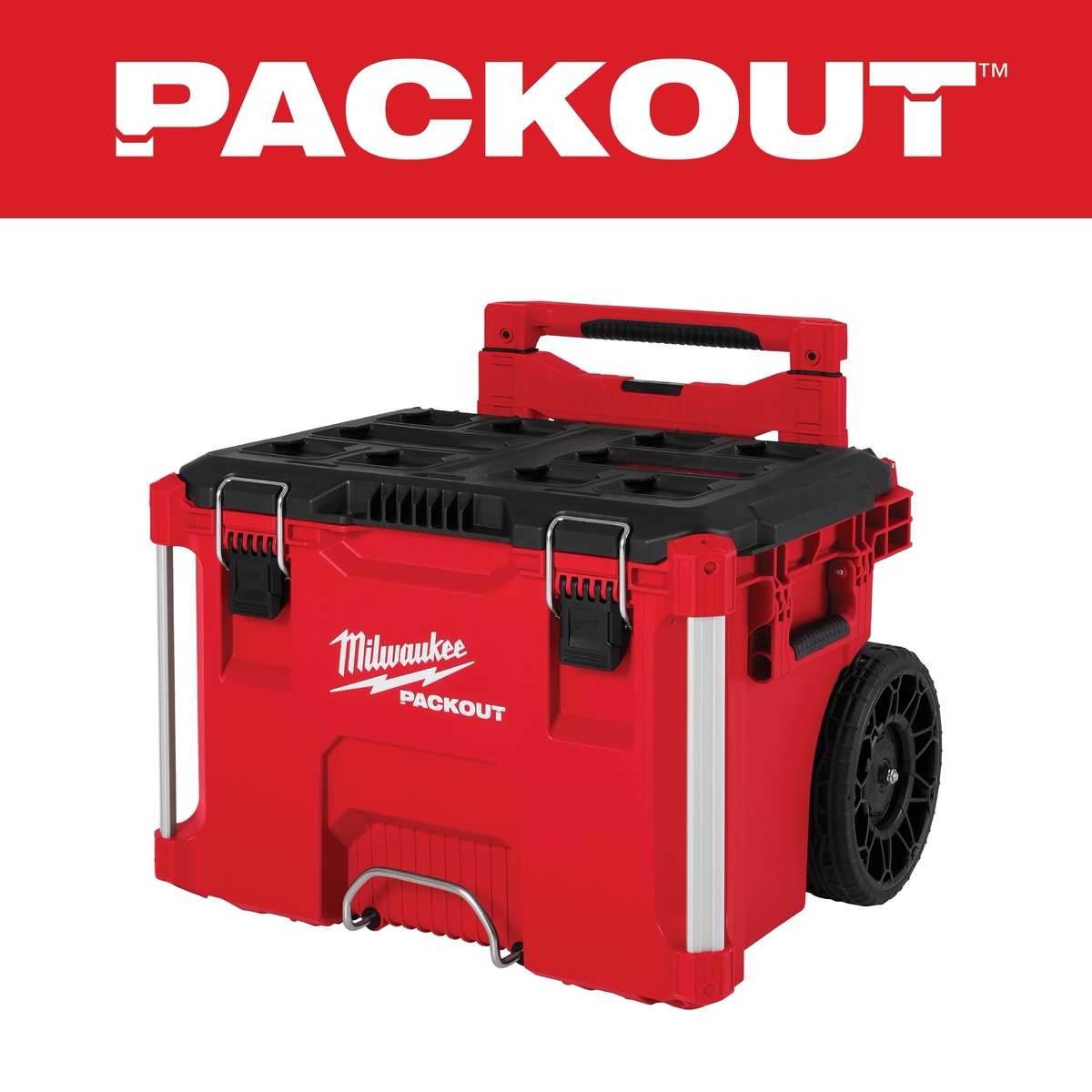 Milwaukee PACKOUT Rolling Tool Box 48-22-8427 product view showing reinforced corners, heavy-duty latches, wheels, and modular lid interface