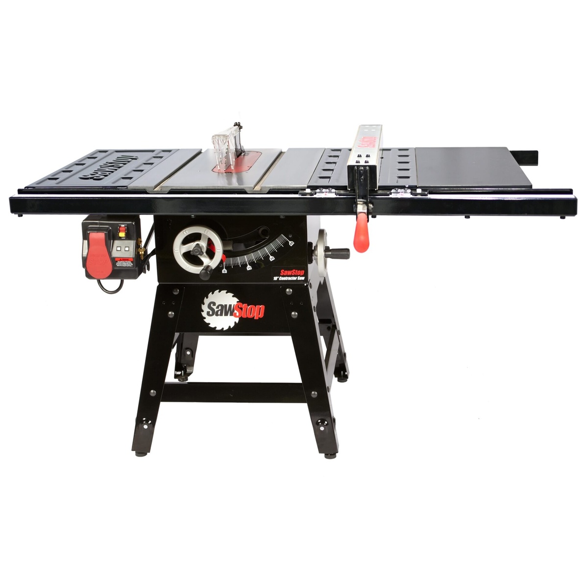SawStop CNS175-PFA30 Contractor Saw full product view showing cast iron table, extension wings, premium fence, and stand for workshop table saw use