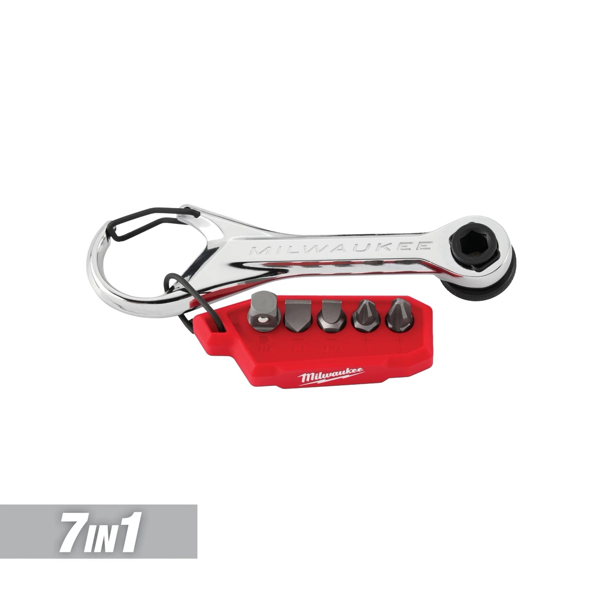 Milwaukee 48-22-2950 7-in-1 Multi-Bit Mini Ratchet with attached bit holder and included driver bits on a clean background