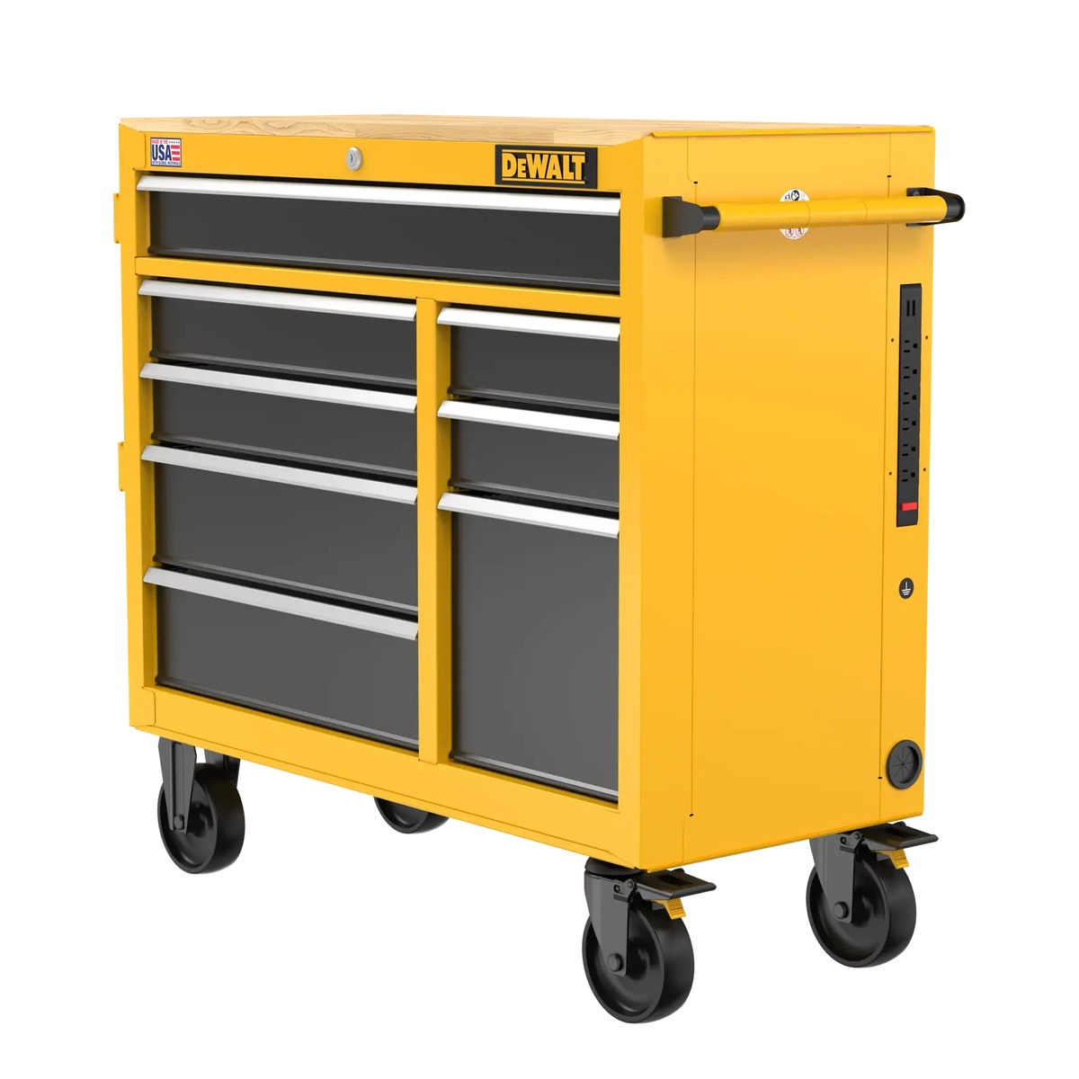 DEWALT DWST41083 40 in. 8 drawer mobile workstation with butcher block top, side handle, integrated power strip, and locking casters for garage or shop use