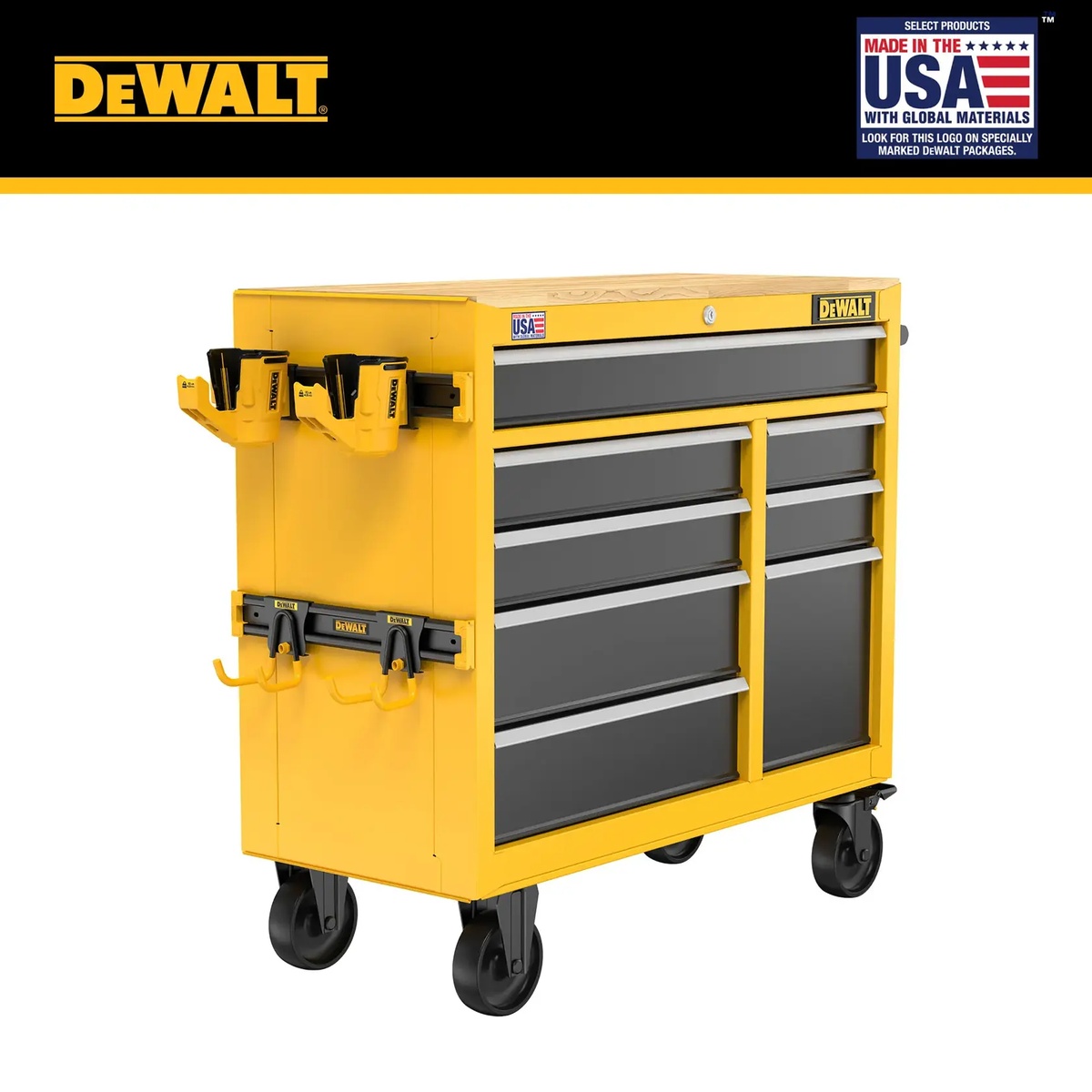 DEWALT DWST41083 40 in. 8 drawer mobile workstation shown with side rails, tool holsters, hooks, and rolling caster base in a workshop storage setup