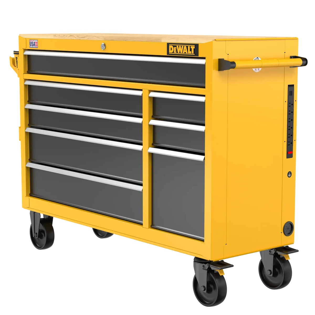DeWALT DWST52083 52 in. 8 Drawer Mobile Workstation shown as a rolling steel tool storage cabinet with side handle and locking casters in a workshop storage setup