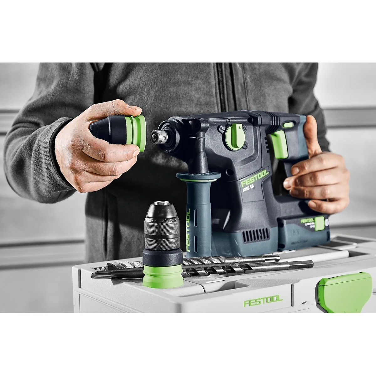 Festool KHC 18 EB-Basic Cordless Rotary Hammer Drill with interchangeable chuck system shown on a Systainer during setup for drilling and fastening work