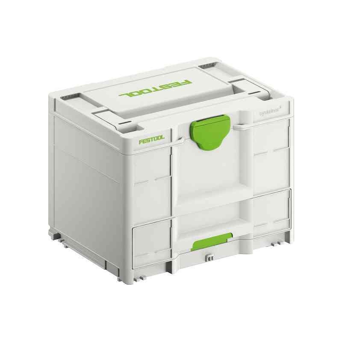 Festool 577766 SYS3-COMBI M 287 Systainer product view showing the front latch and drawer in a compact modular storage case design