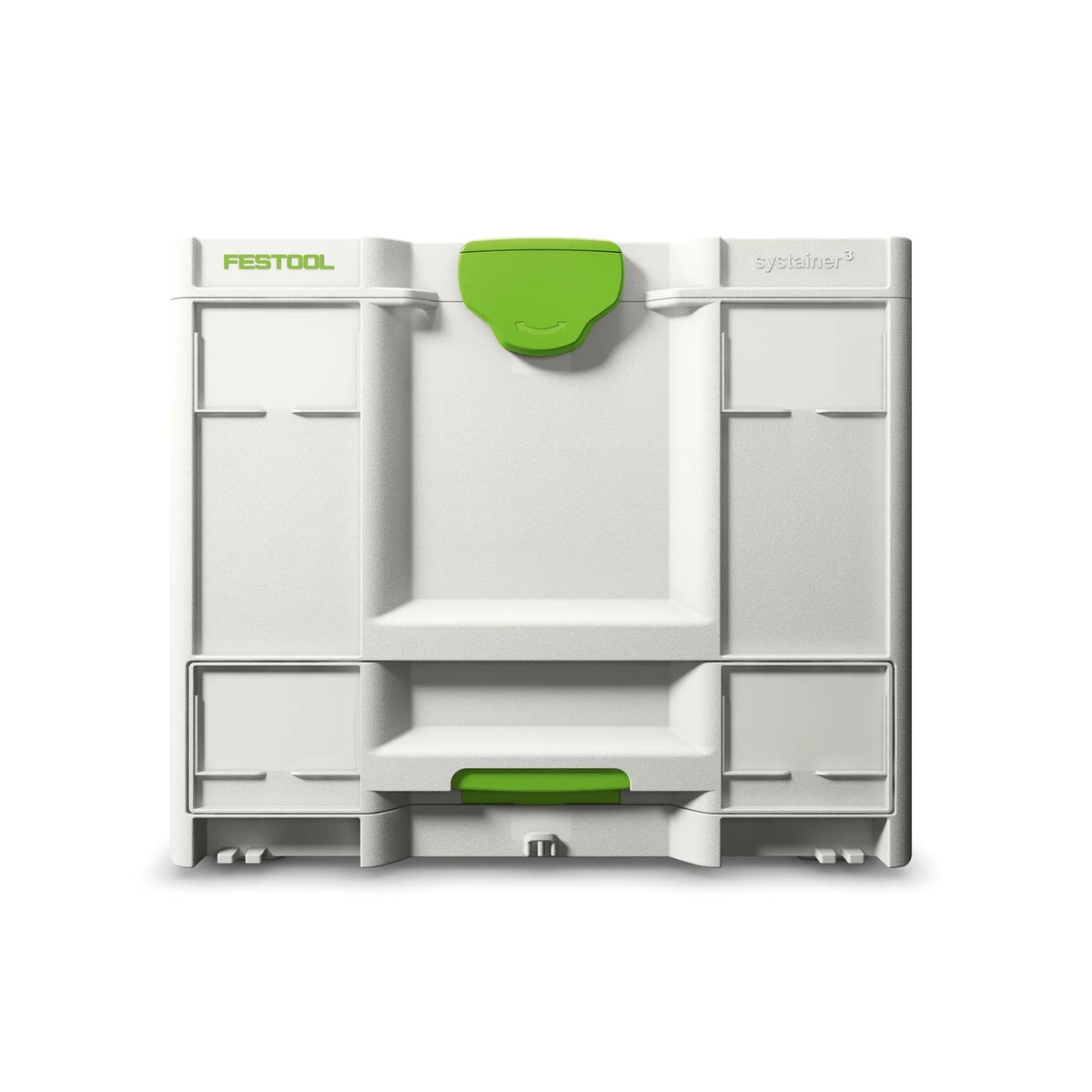 Front view of the Festool 577767 SYS3-COMBI M 337 Systainer showing the front latch and lower drawer access for organized jobsite storage