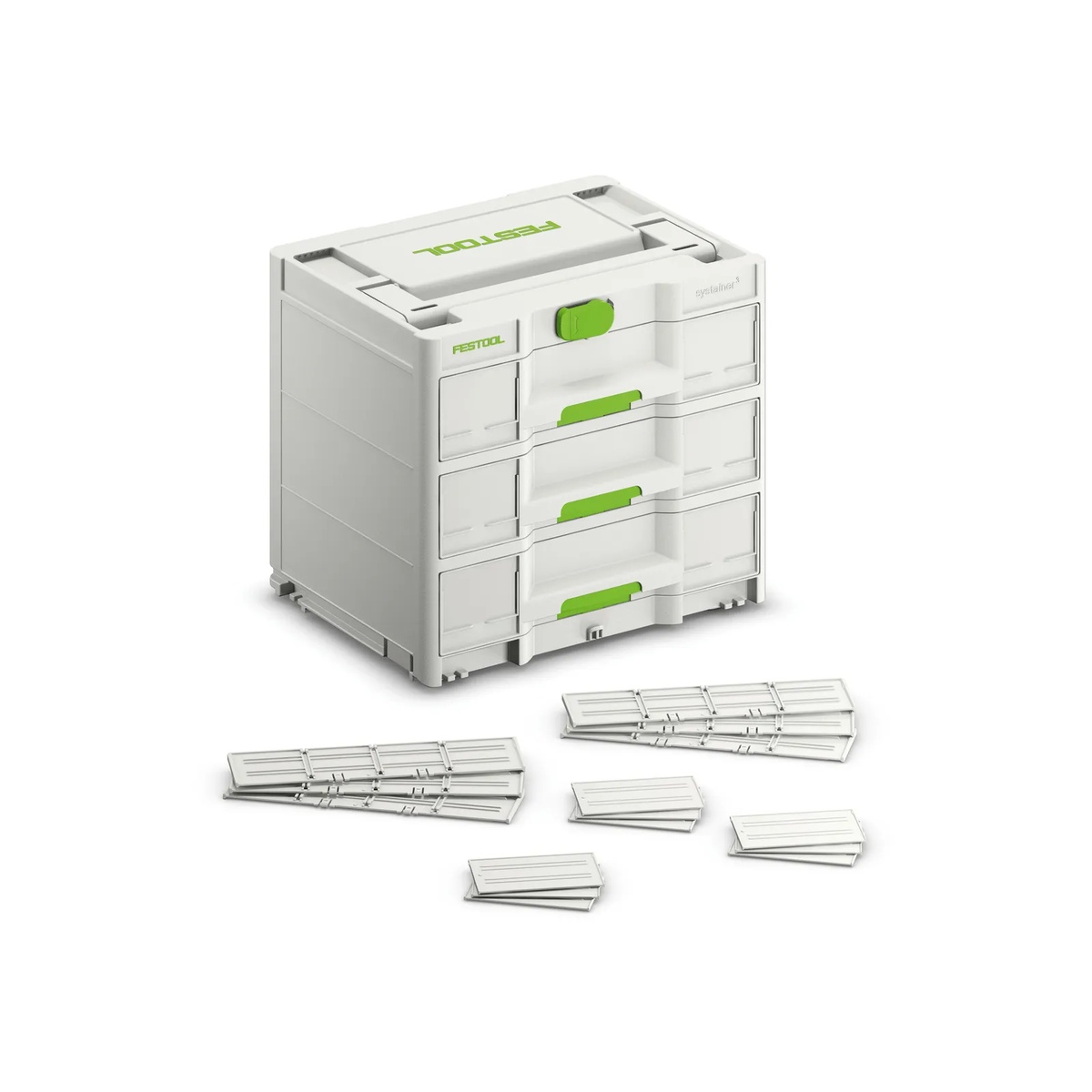 Festool 577769 SYS3-SORT/3 M 337 Systainer with included partitions shown on a clean background, highlighting modular storage setup and drawer organization