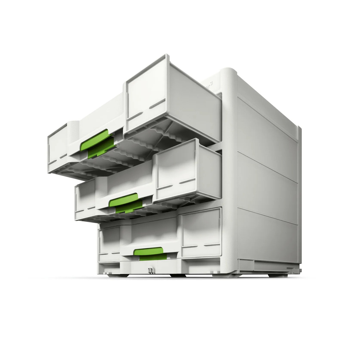 Festool 577769 SYS3-SORT/3 M 337 Systainer with drawers partially open, showing the drawer-style organizer layout for small parts and accessories