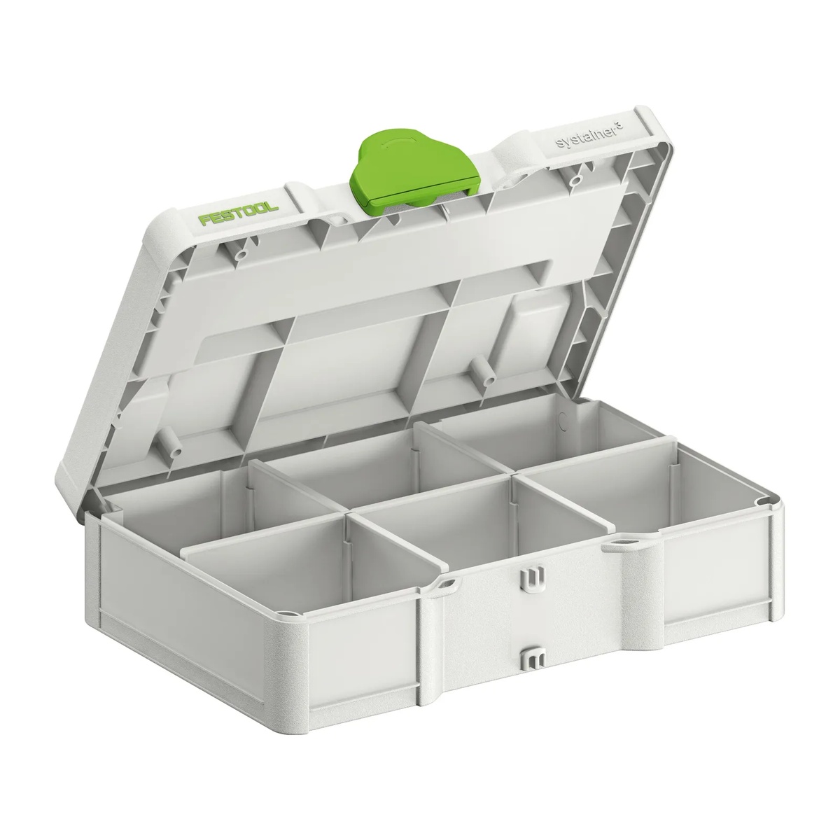 Festool 577808 SYS3 S 76 Mini Systainer open with adjustable partitions installed for sorting small parts and accessories on a workbench