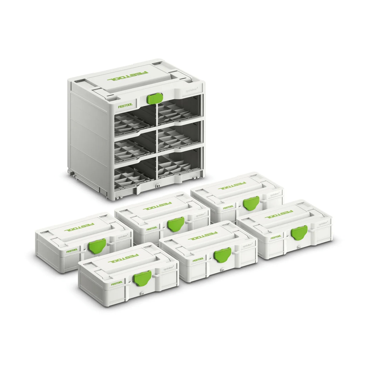 Festool SYS3-RACK/6 M 337-SET Systainer Set with six included MINI-Systainer cases arranged for transport and modular storage