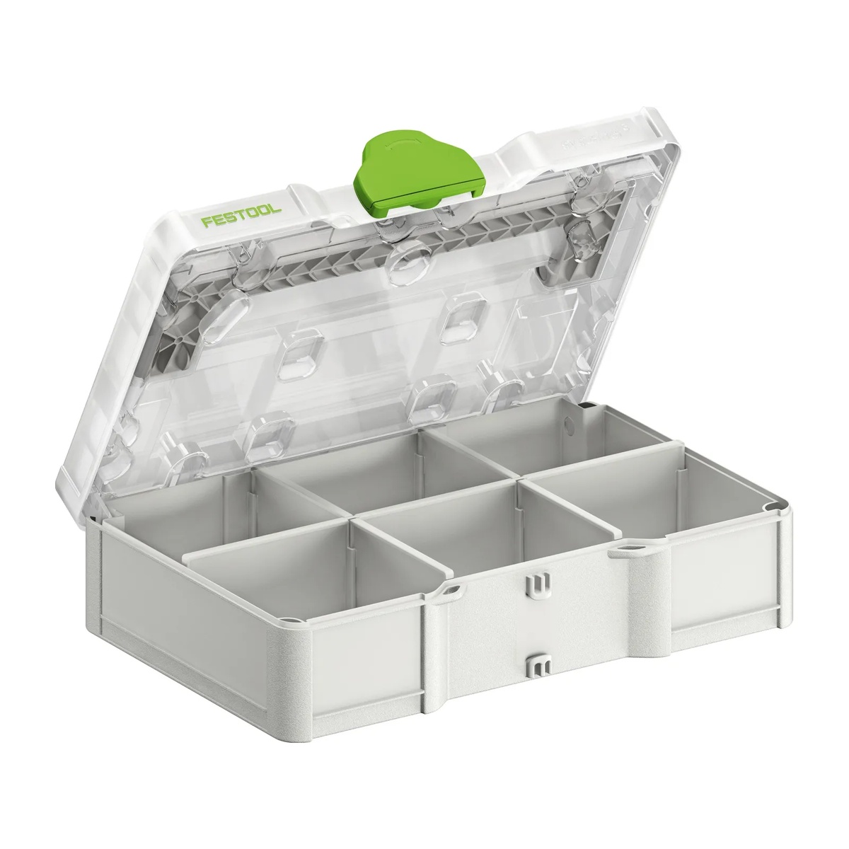 Festool 577817 SYS3 S 76 TRA Systainer opened to show divided compartments for small hardware and accessories in a workshop storage setup