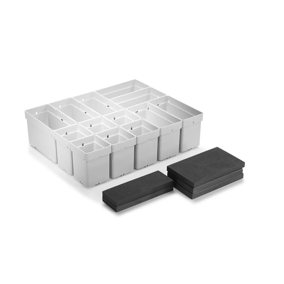Festool 578056 50x50/50x100x68-Set 13-Piece Systainer Insert Set with plastic bins and foam pads laid out on a clean surface to show the two container sizes and included fit pads