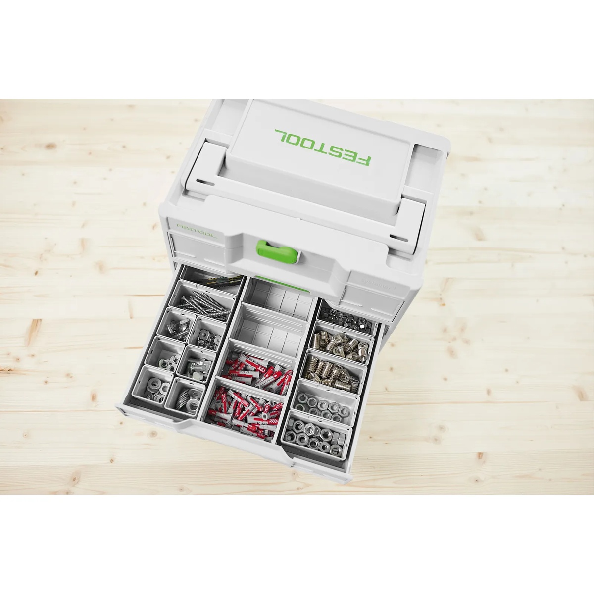 Festool 578056 50x50/50x100x68-Set 13-Piece Systainer Insert Set installed in a drawer with screws, anchors, nuts, and fittings sorted by compartment for shop and jobsite organization