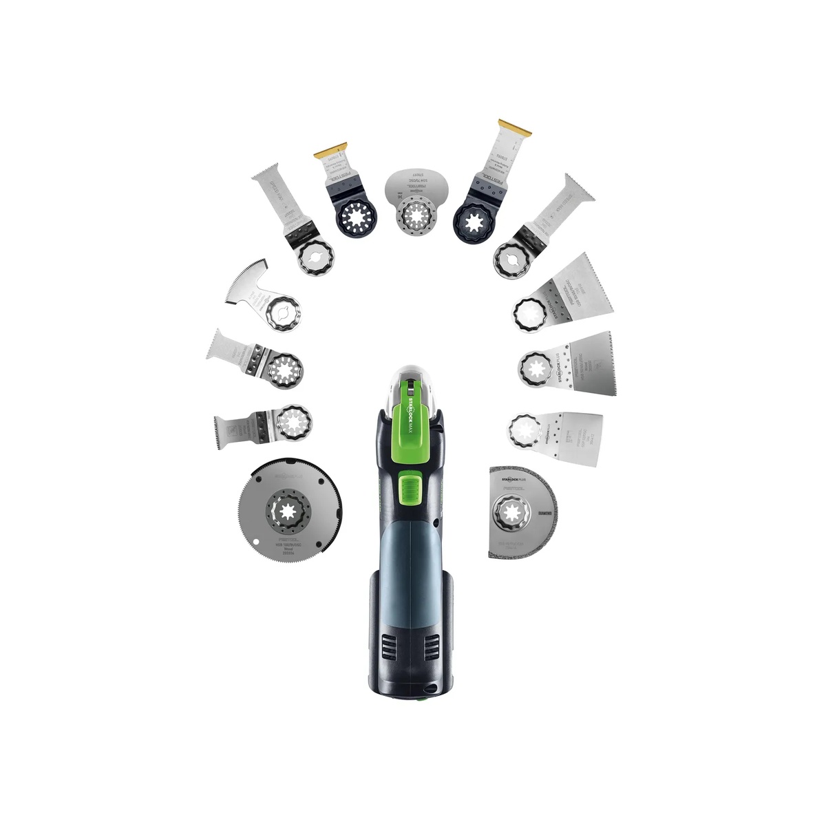Festool oscillating multi-tool accessory lineup with Festool 578096 MSB 60/32/HM/OSC carbide blade shown among Starlock Plus compatible blades for jobsite cutting tasks
