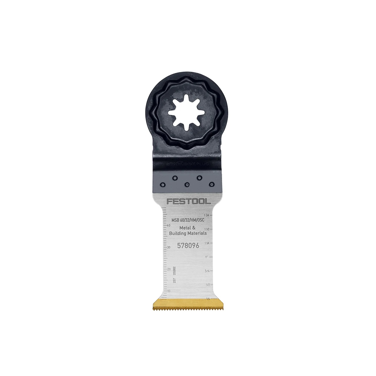 Festool 578096 MSB 60/32/HM/OSC carbide oscillating multi-tool blade product close-up showing blade markings, Starlock Plus mount, and cutting edge for metal and building materials