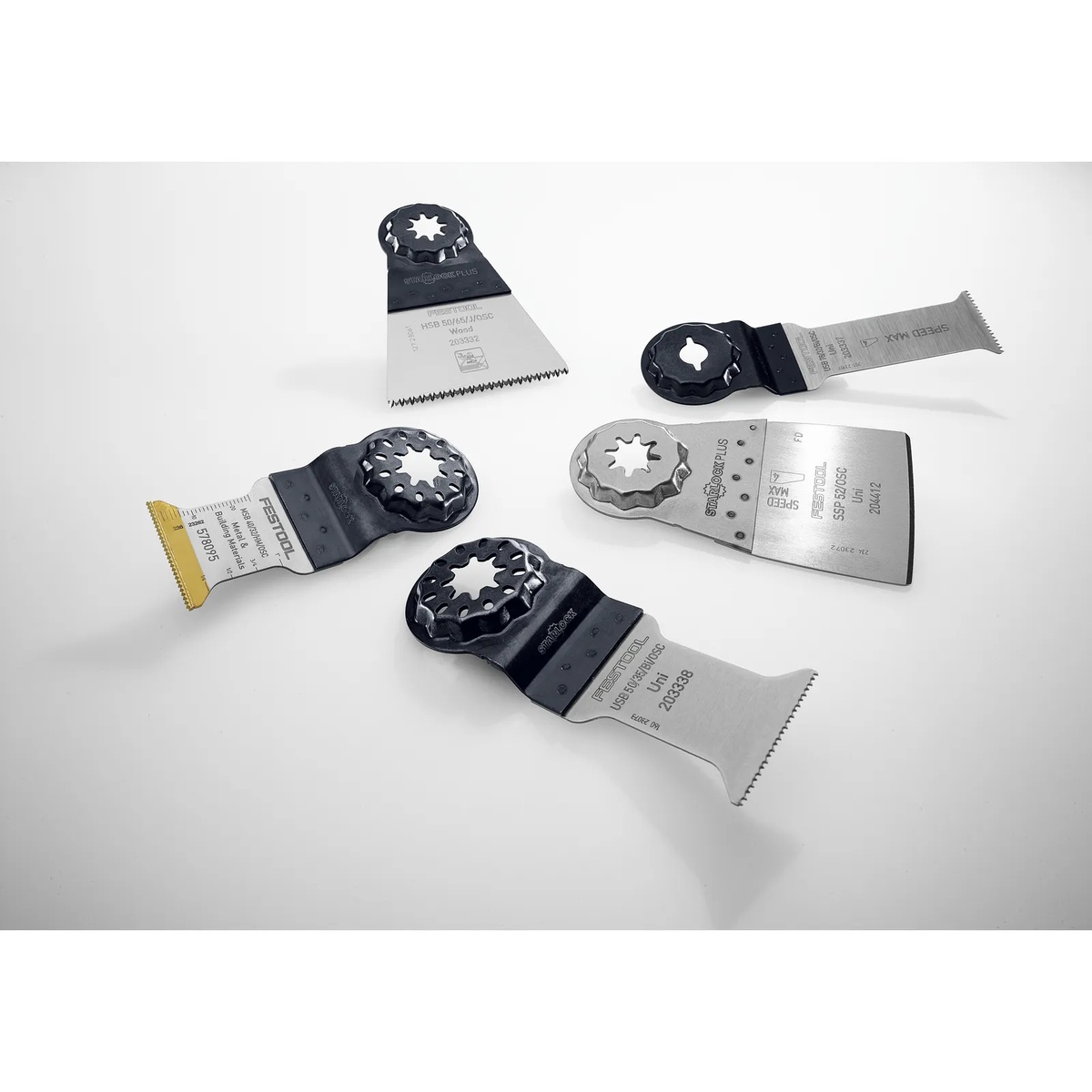 Festool 578098 OSC-SORT/5 oscillating saw blade set shown as individual Starlock accessories for fast blade changes on an OSC 18 multi-tool
