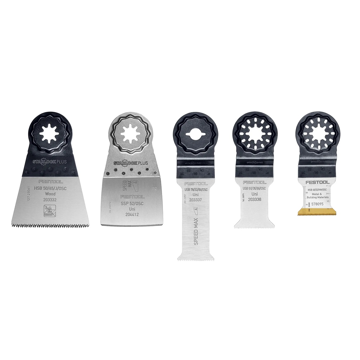 Festool 578098 OSC-SORT/5 5-Piece Oscillating Saw Blade Set laid out to show the included blades for wood cutting, metal cutting, scraping, and remodeling work