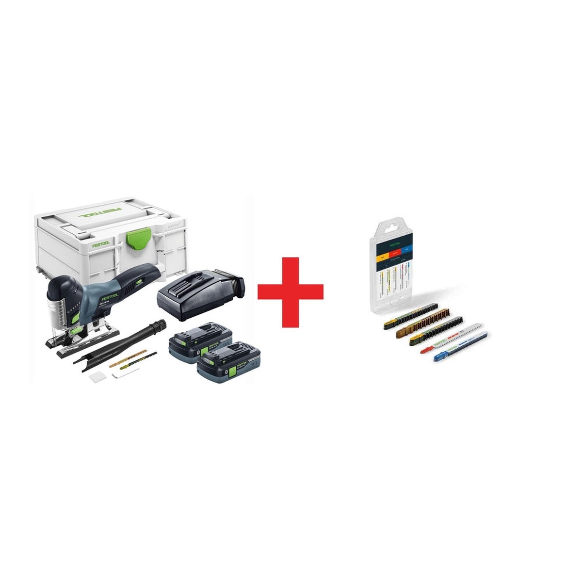 Festool PSC 420 EB Carvex Jigsaw Bluetooth 4.0Ah Kit w/ Systainer3 plus STS-Sort/21 W/P/M 21-Piece Jigsaw Blade Set shown with cordless jigsaw, batteries, charger, Systainer3 case, and blade set for wood, plastic, and metal cutting in shop or jobsite use