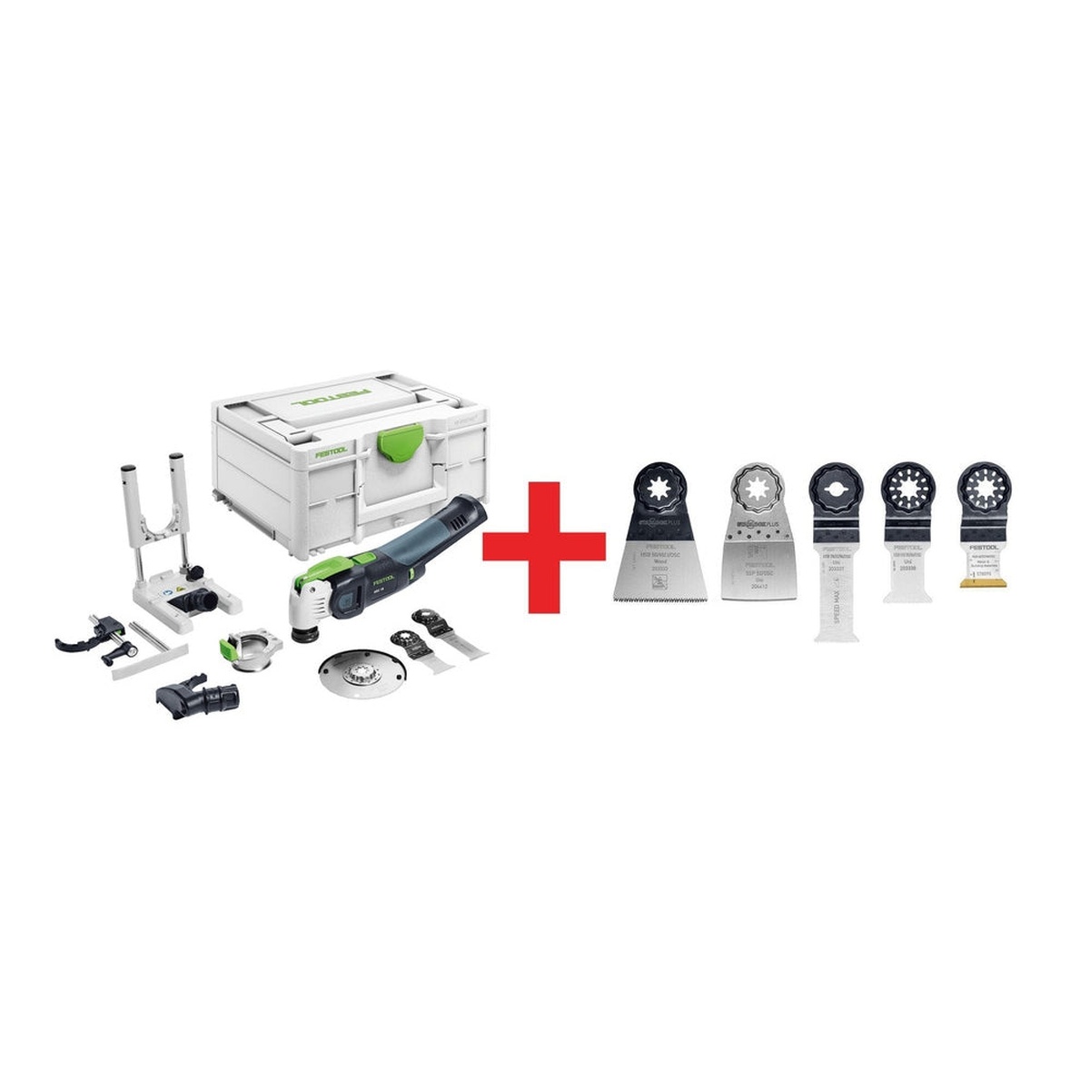 Festool Vecturo OSC 18 StarlockMax Multi-Tool basic set with Systainer3, plunge accessories, dust extraction parts, and 5-piece oscillating blade set arranged for remodeling and precision cutting work