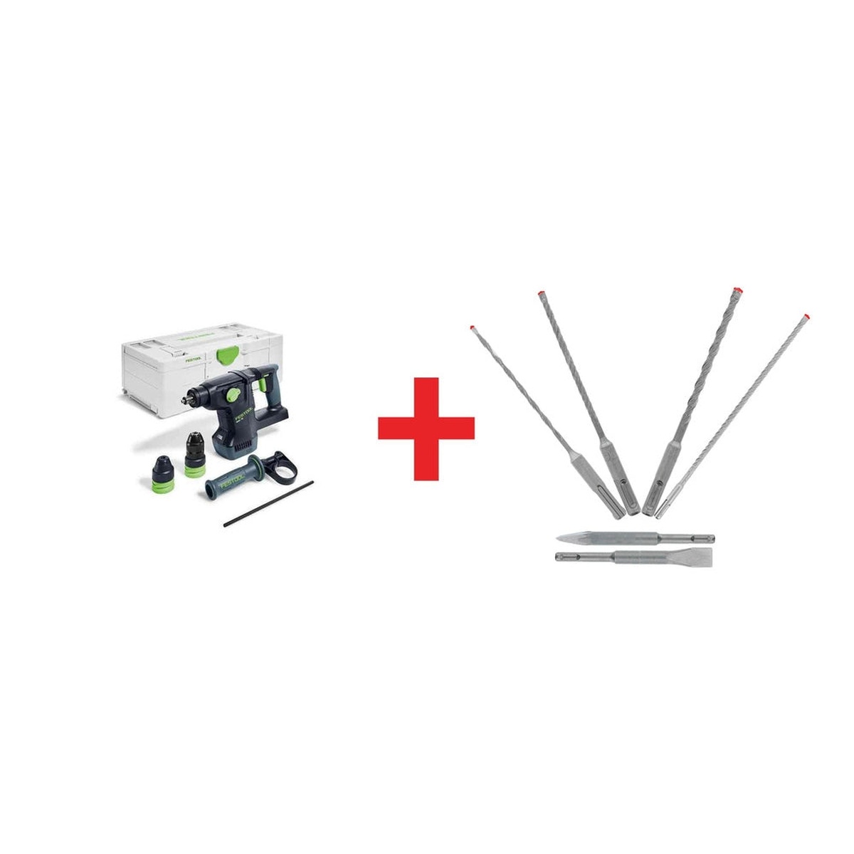 Festool KHC 18 EB-Basic Rotary Hammer, Tool Only w/ SYS3 L 187 Systainer plus Diablo 6-Piece SDS-Plus Rebar Demon Bit Set shown with storage case, chucks, handle, depth stop, and SDS-Plus bits for concrete drilling and chiseling on the jobsite