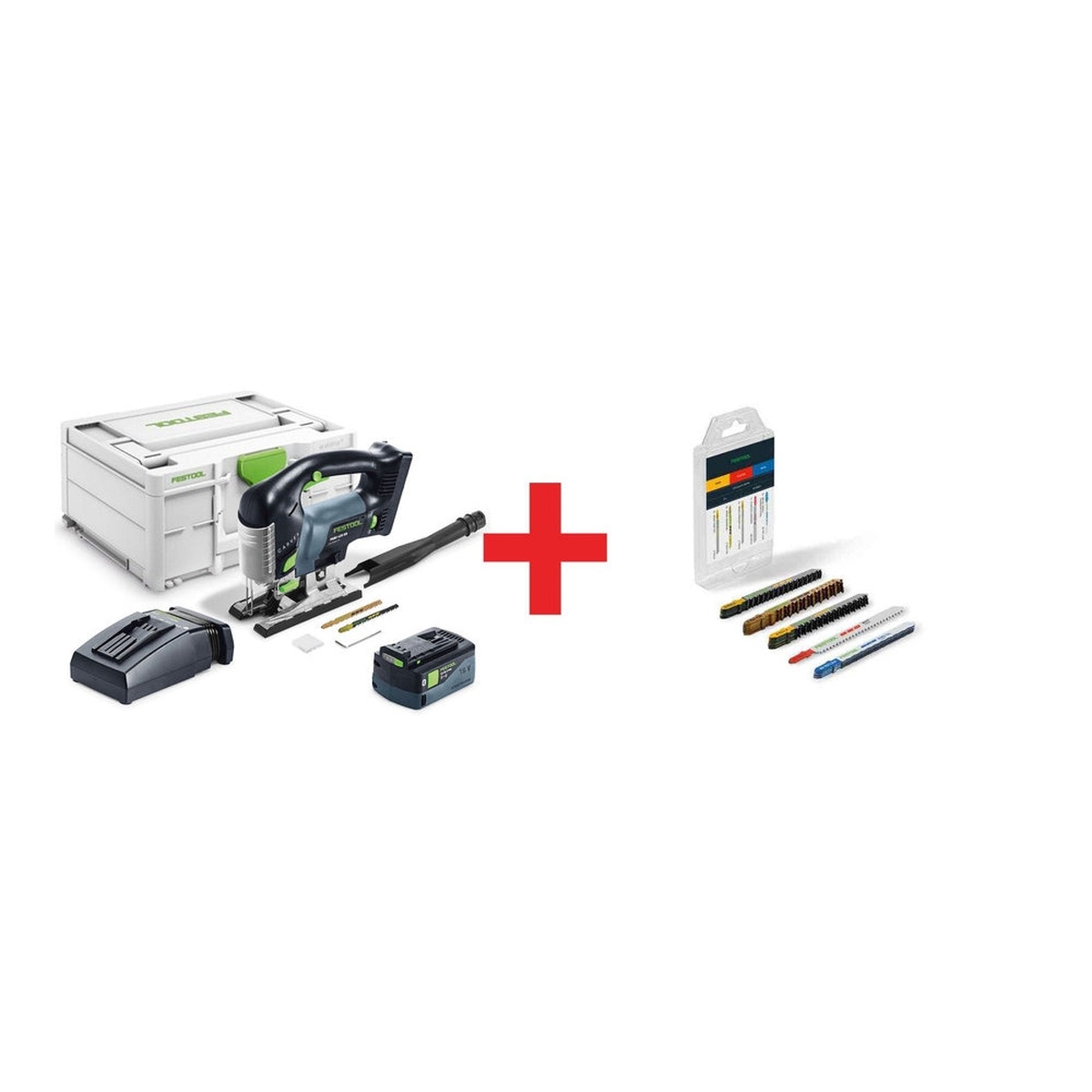 Festool Carvex PSBC 420 EB Bluetooth Jigsaw 4.0Ah Kit with Systainer3, charger, battery, accessories, and 21-piece jigsaw blade set shown together for wood, metal, and plastic cutting applications