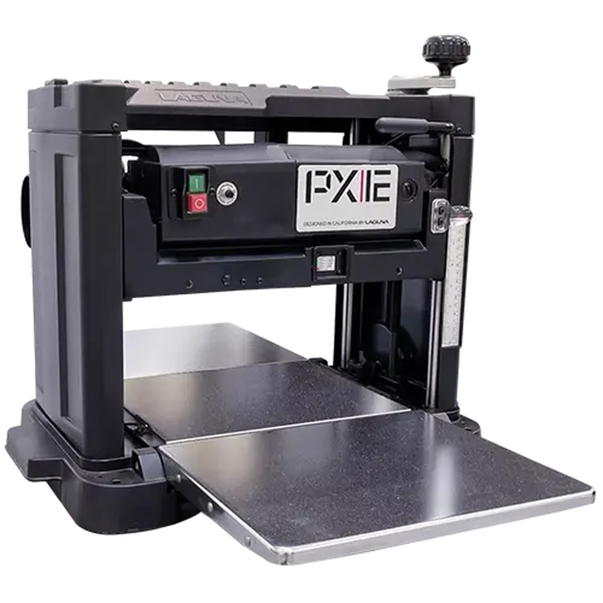 Laguna PX|12 Benchtop Planer shown on a clean background with infeed and outfeed support extended for woodworking stock preparation in a small shop