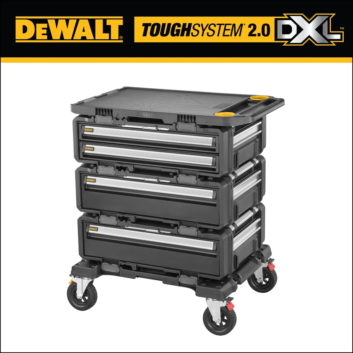 DEWALT TOUGHSYSTEM 2.0 DXL 5-in-1 Modular Workstation shown as a rolling jobsite storage tower with drawers, worktop, and caster wheels on a clean background