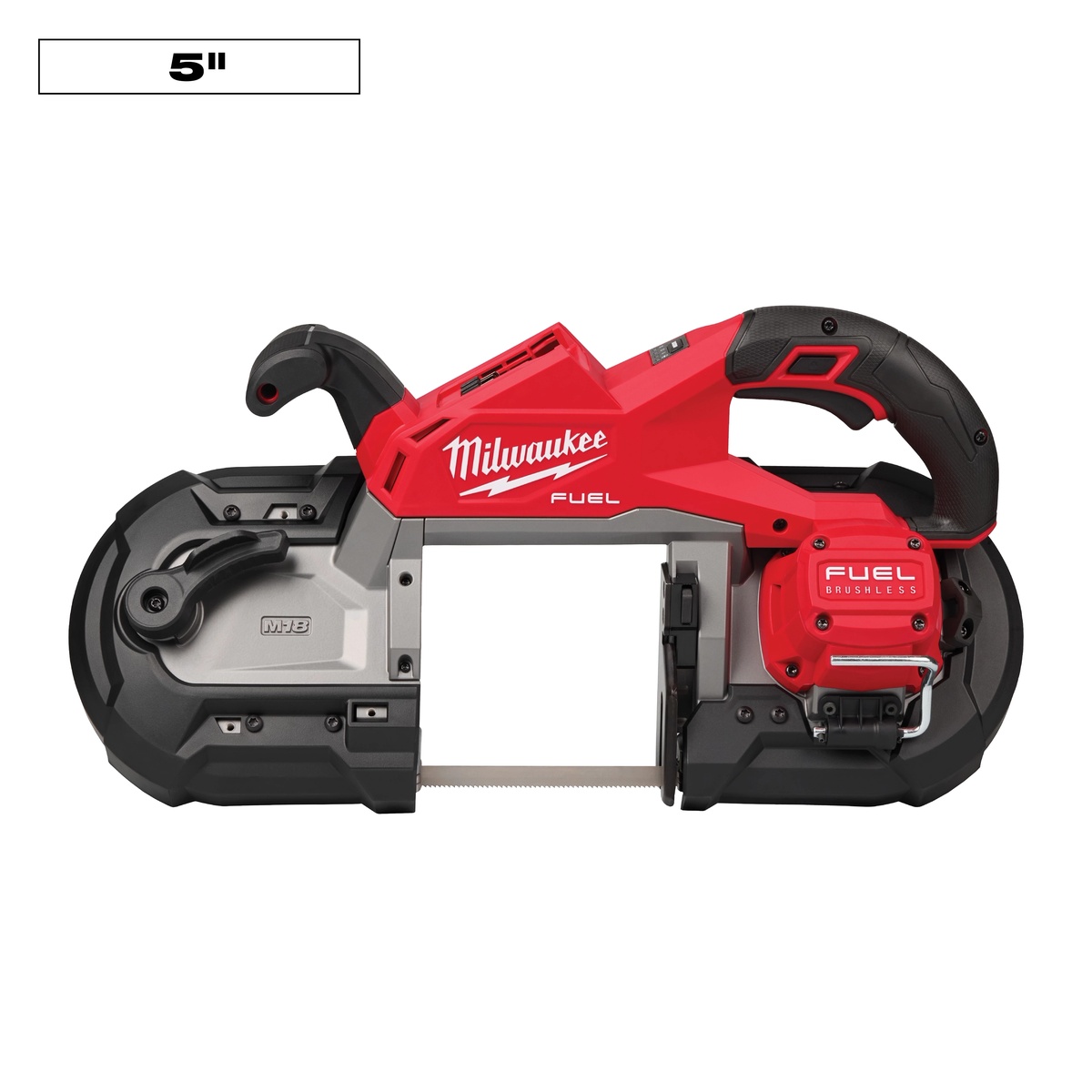 Milwaukee M18 FUEL Deep Cut Band Saw 2929-20 product view showing the 5 inch throat capacity for metal cutting on mechanical and construction jobsites