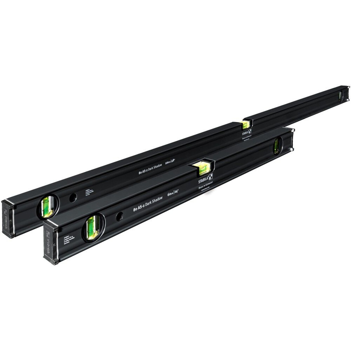 Stabila 29300 2-Piece Dark Shadow Type 80AS-2 24 in. / 48 in. Level Set showing reinforced aluminum profile and vials on a clean product view
