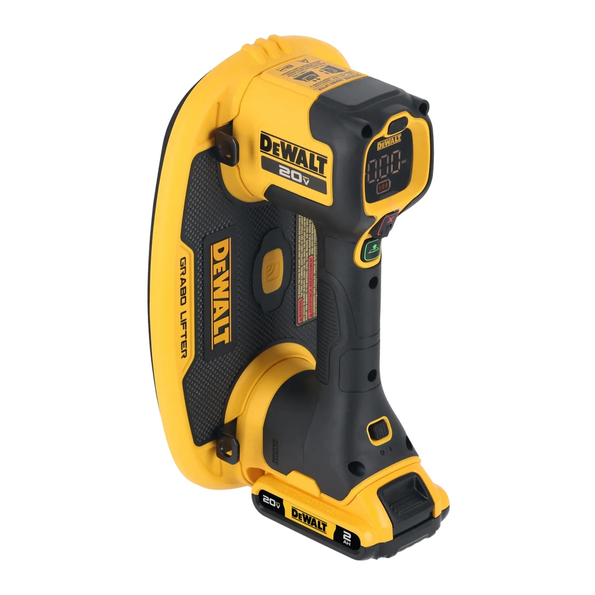 DEWALT 20V MAX GRABO Lifter Kit close-up showing the digital control screen, battery interface, and vacuum lifting pad for construction material handling