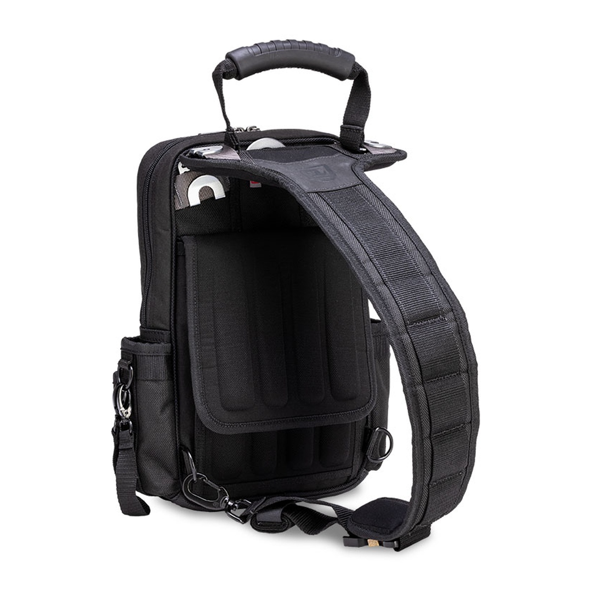 Veto Pro Pac MB3 BLACKOUT Large Sized Zippered Diagnostic Bag opened to show padded interior storage for meters and probes during field diagnostic work