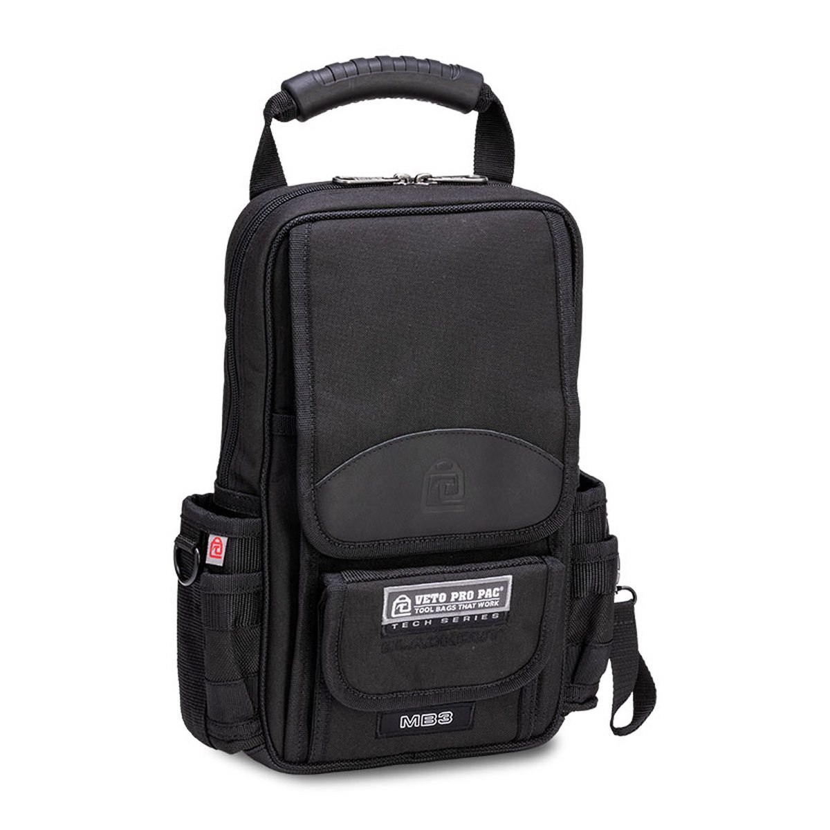 Veto Pro Pac MB3 BLACKOUT Large Sized Zippered Diagnostic Bag shown with carrying handle and compact exterior for service truck and jobsite transport